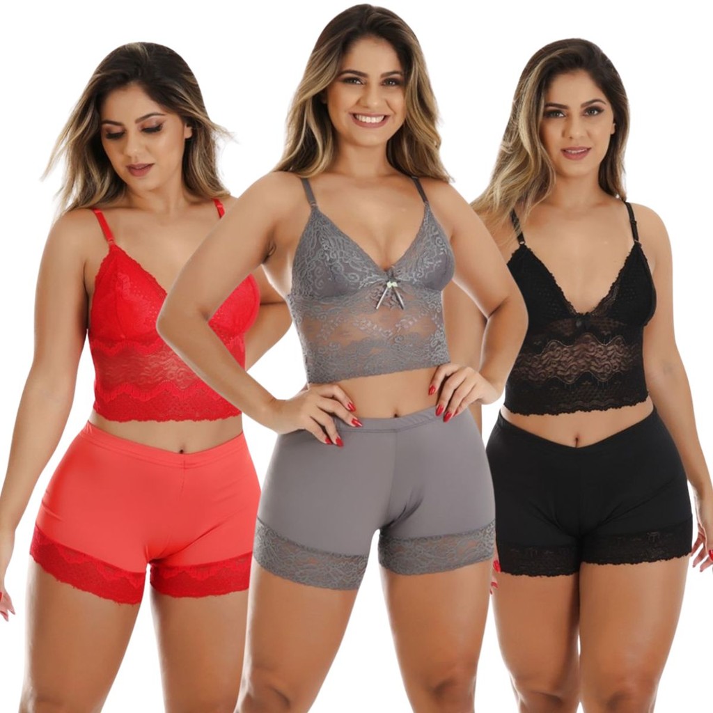 Kit 3 Conjunto Short Dool Feminino Renda Baby Doll Microfibra Pijama Confortável Alça Regulável