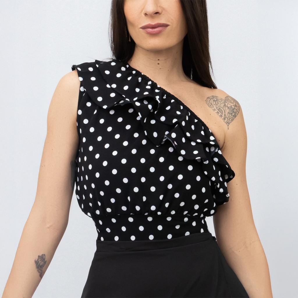 Cropped Top Feminino Póa Bolinhas Babado Casual Elegante Fashion Confortável Tendência