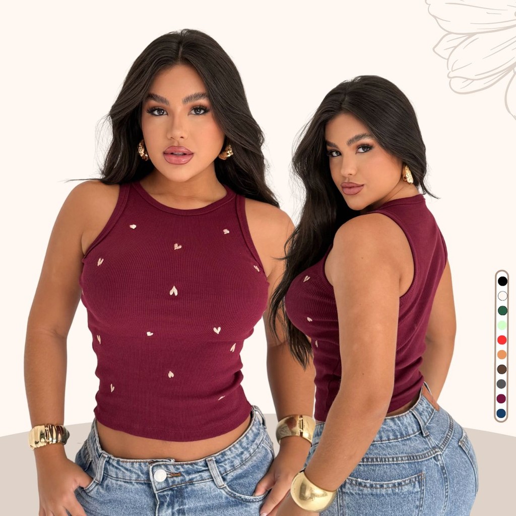 Regata Feminino Coração Ribana Canelada Premium Conforto Elegancia Linda