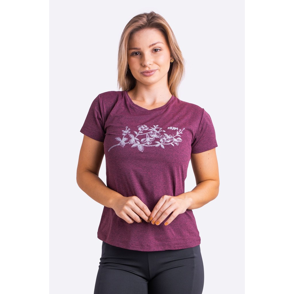 Camiseta HUPI Lirio Babylook Feminina Manga Curta Bordo Mescla
