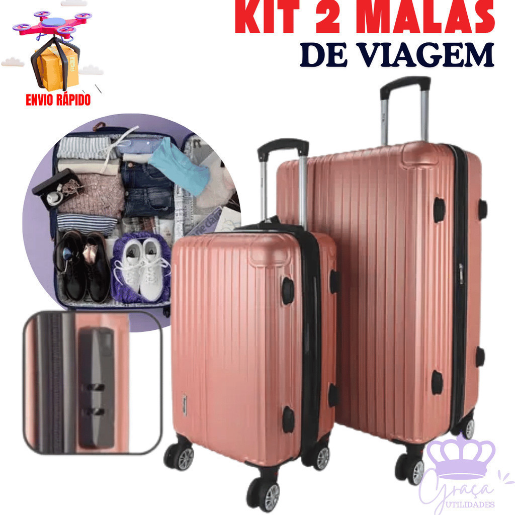 Kit 2 Malas De Viagem Rose Rodinha 360° Pequena E Media Viagem Ferias