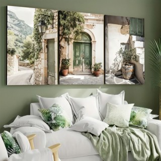 Trio Quadro Decorativo Boho Verde Porta Mediterrânea Rua de Pedra Vaso Oliveira em Oferta na Shopee