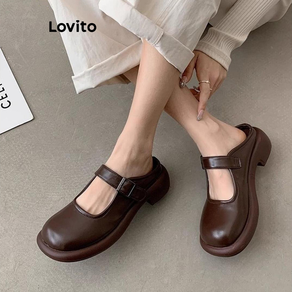 Detalhes do Lovito Vintage liso Baotou meio arrasto fundo macio Retro britânico inglaterra um chute Mary Jane para mulher LFA59254