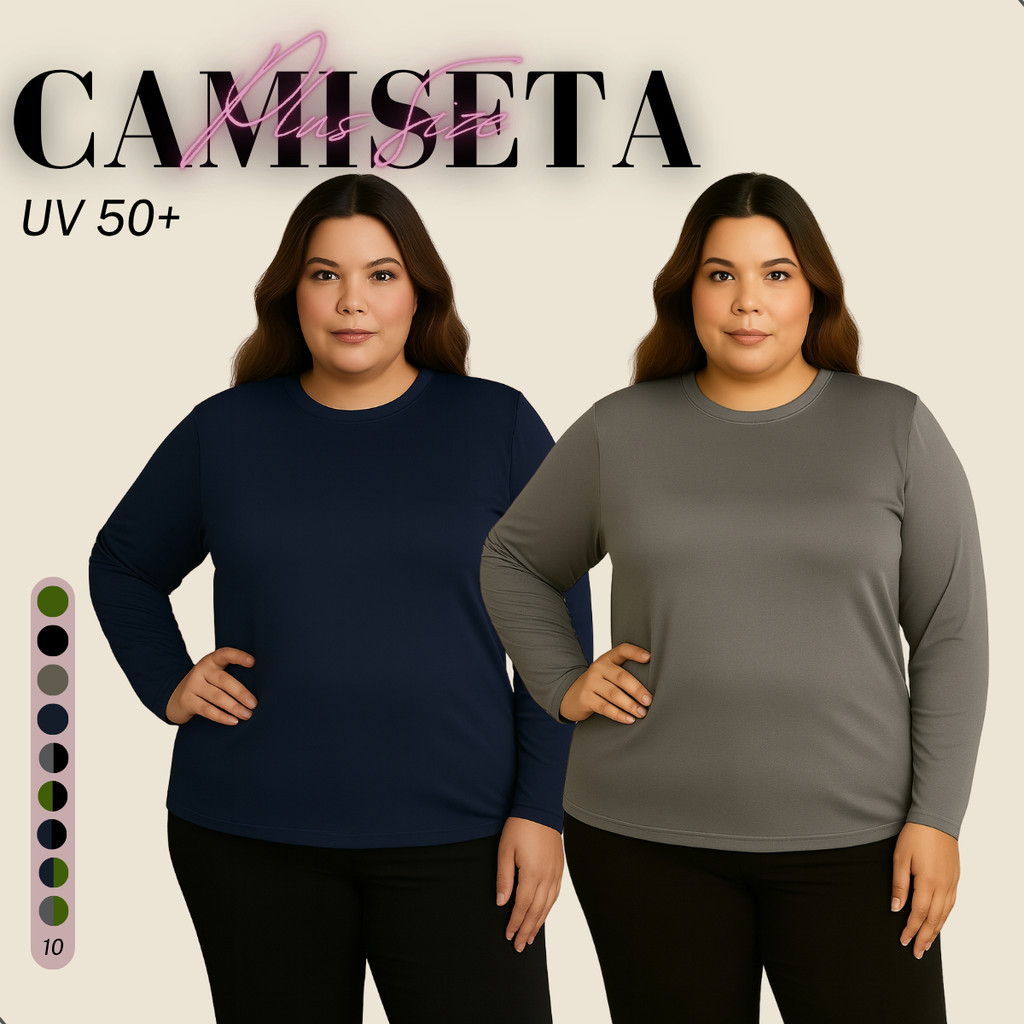 Kit 2 BlusasTérmica Plus Size Moda Feminina Proteção UV Manga Longa Treino Academia