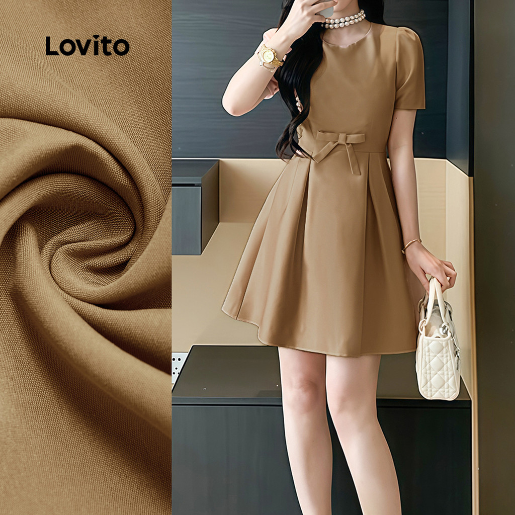 (NEW) Lovito Vestido Elegante com Laço Na Frente Estrutura de Linha Primavera/verão Florido Castanho L154ED1102 em Oferta na Shopee