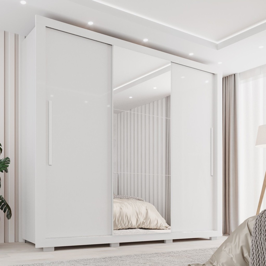 Guarda-roupa Casal com Espelho 3 Portas 4 Gavetas Costa Rica Branco em Oferta na Shopee