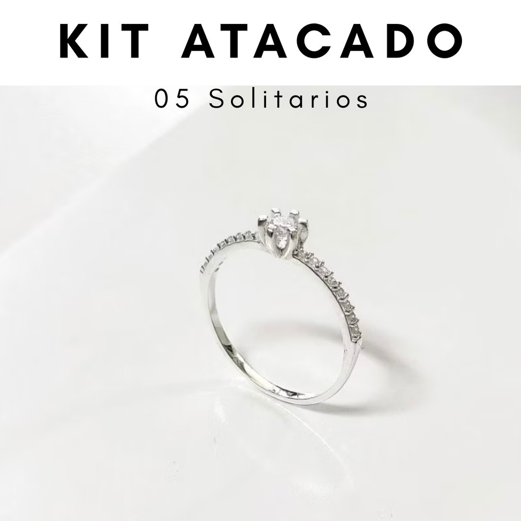 Kit com 5 Anéis Solitário Cravejado Prata 925 / Anel Solitário Prata Legitima 925