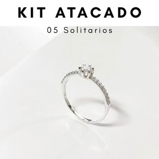 Kit com 5 Anéis Solitário Cravejado Prata 925 / Anel Solitário Prata Legitima 925