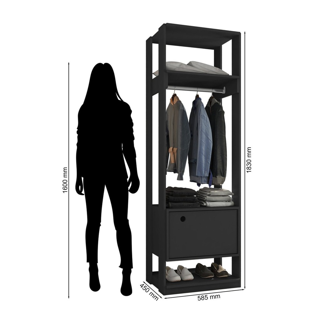 Detalhes do Guarda Roupa Closet Modulado 1 Cabideiro 1 Porta Titan Preto Velluto