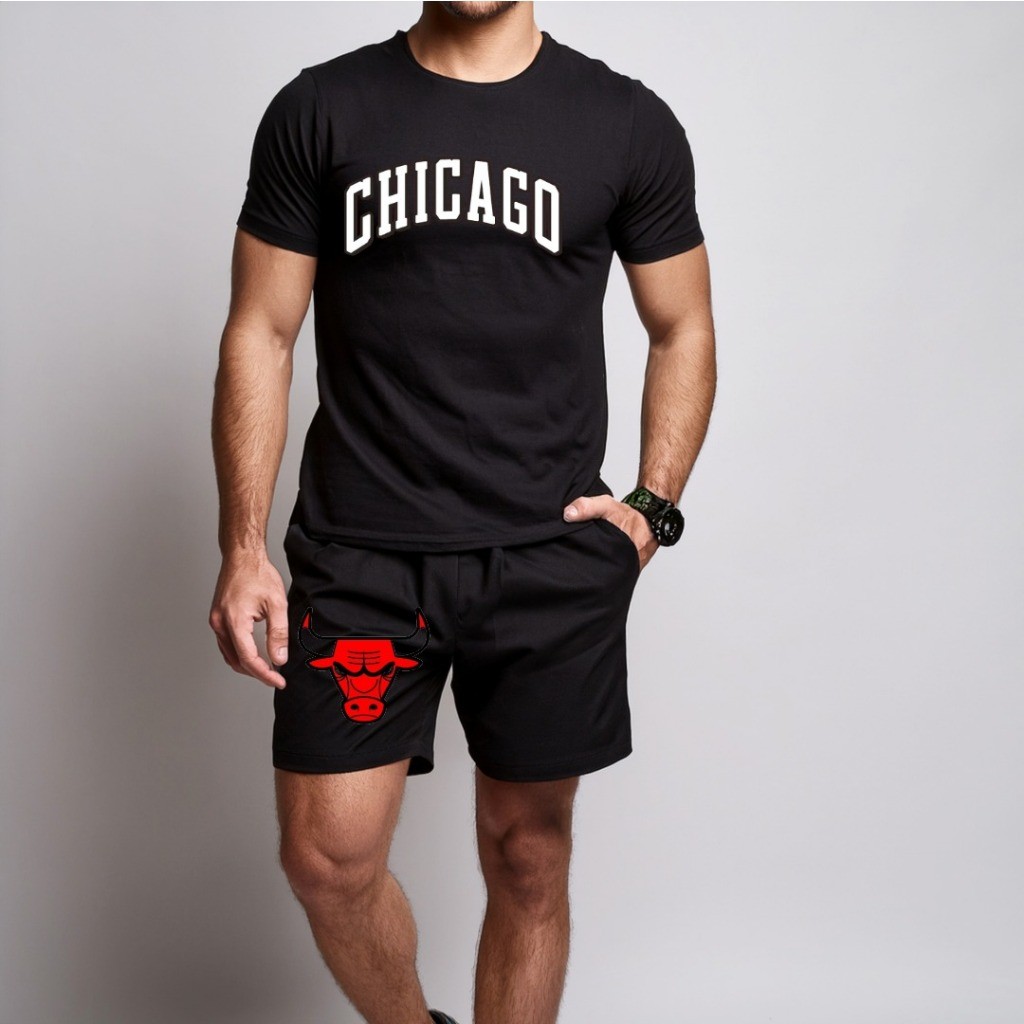 conjunto kit Camiseta camisa e Short Tectel Conjunto Masculino Chicago B Touro Vermelho SHORT E CAMISETA