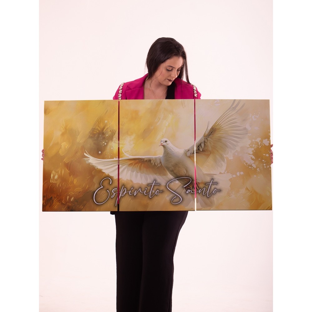 Quadro Decorativo Espírito Santo 3 Peças Pomba da Paz em Painel Religiosa Moderna para Sala e Igreja