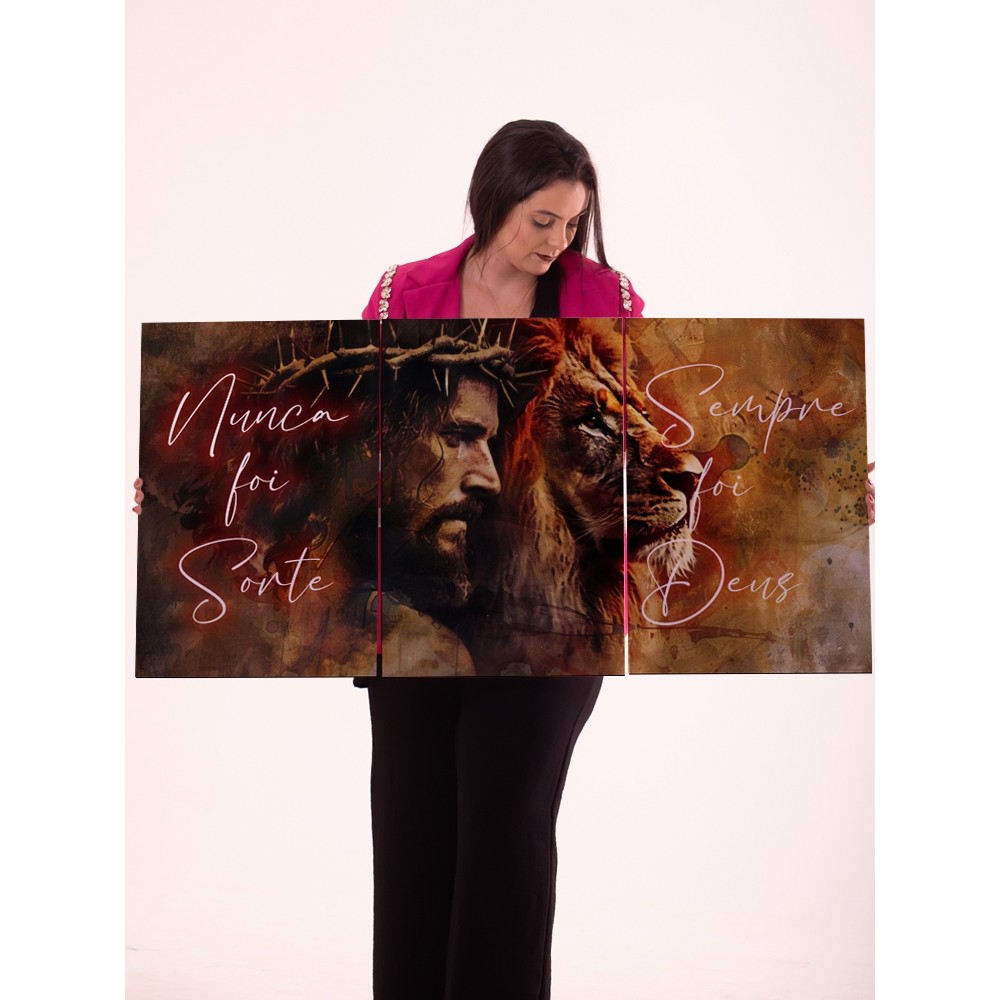 Quadro Decorativo Jesus e Leão 3 Peças Arte Religiosa Cristã Frase Nunca Foi Sorte Sempre Foi Deus