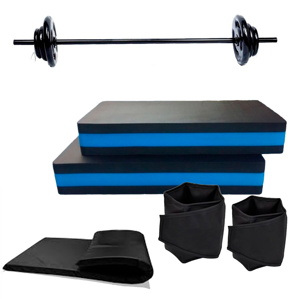 Imagem Kit Completo Barra Pump + 20kg De Anilhas Emborrachada + Caneleira 2 kg + Colchonete + 2 Step