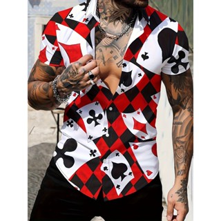 Camisa Casual masculina vermelha com estampa de cartão de jogo, camisa masculina estampada de manga curta em Oferta na Shopee