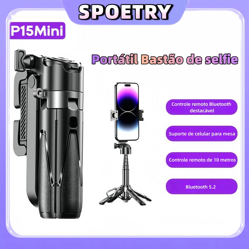 Bastão de selfie de bolso Portátil 4 em 1 Com Tripe e Controle Bluetooth Peining P15-Mini em Oferta na Shopee