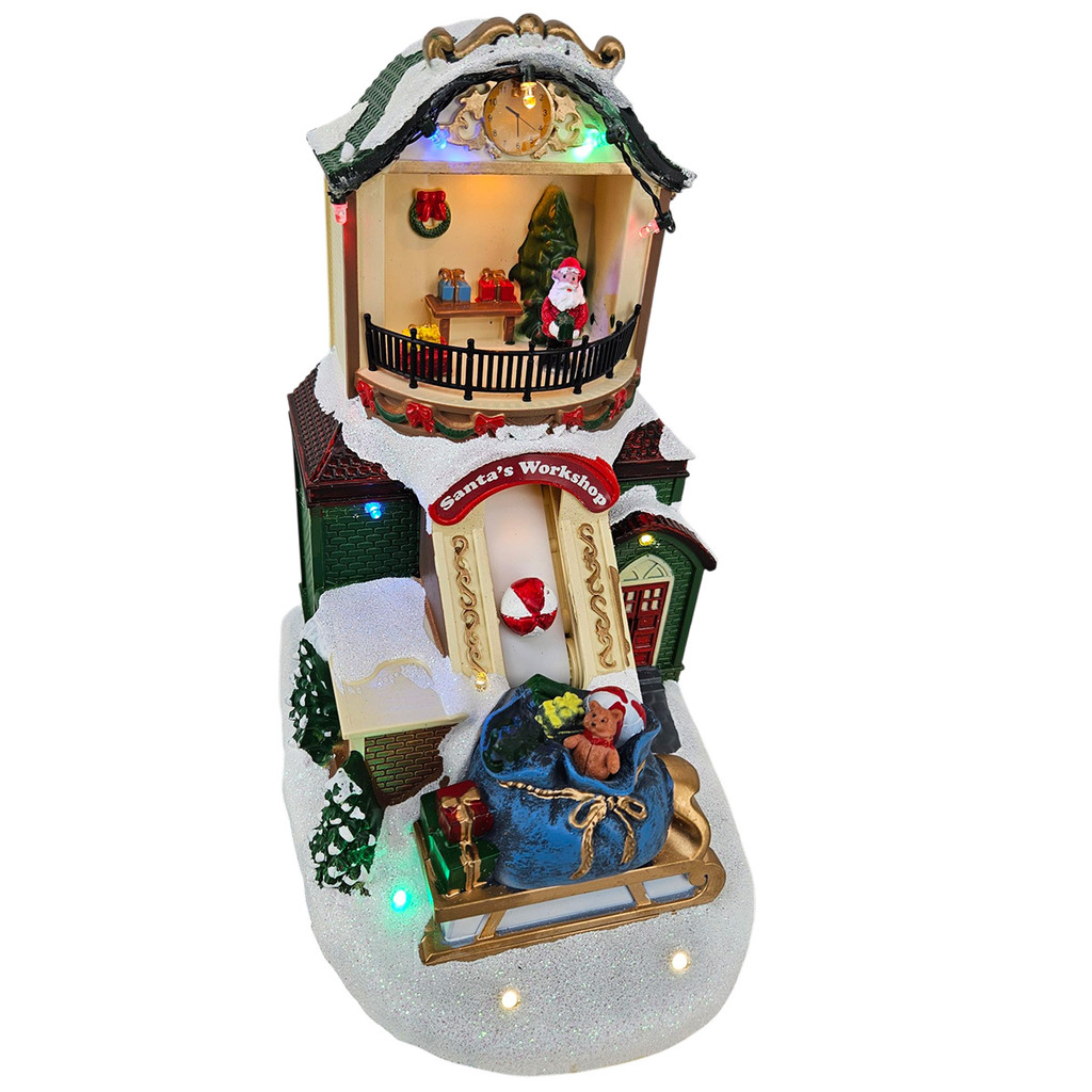 Vila Natalina Musical Papai Noel Avore Natal Fabrica de Brinquedos LED Movimento Saco de Presente Som Decoraçao Festa