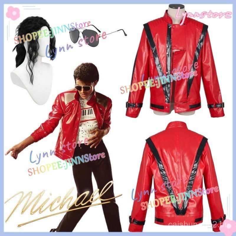 MICHAEL Cosplay Jaqueta de Couro Vermelha JACKSON Peruca Traje Roupas Diárias ZV4Z