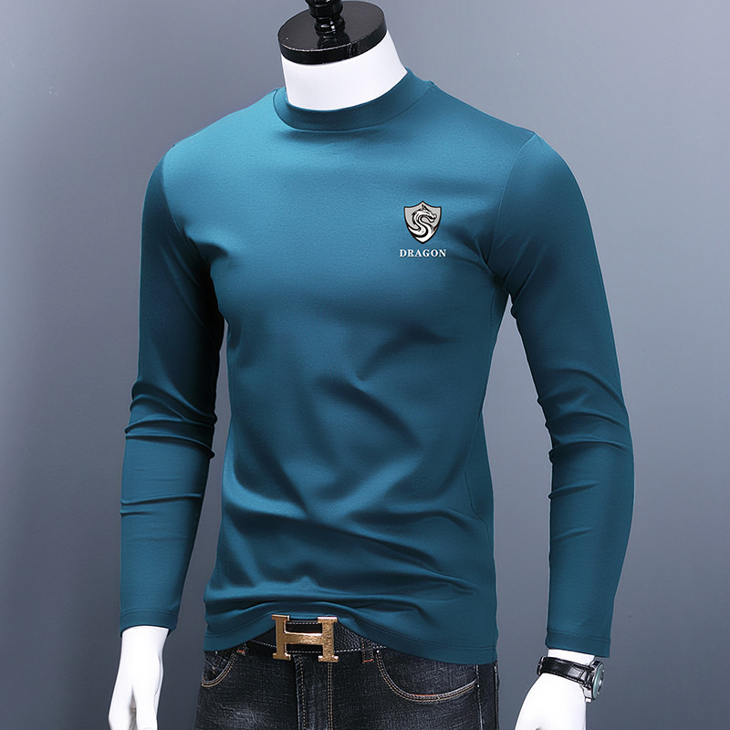 Primavera outono camiseta de manga comprida masculina puro algodão alto em torno do pescoço camiseta masculina com algod