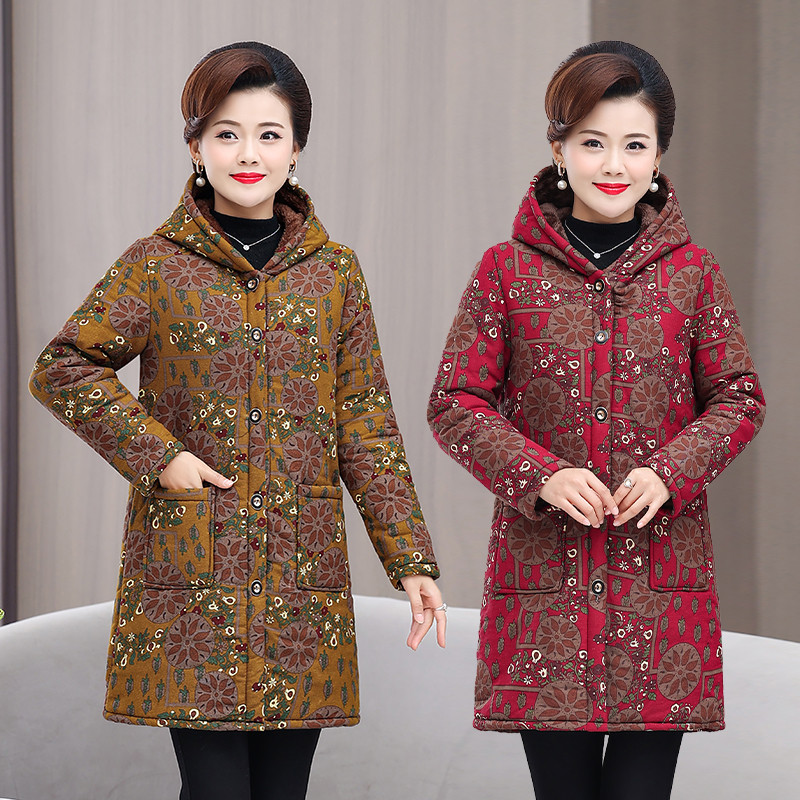 Roupas femininas idosas de meia-idade Roupas da mãe Estilo de comprimento médio Cor com capuz Roupas acolchoadas de algo