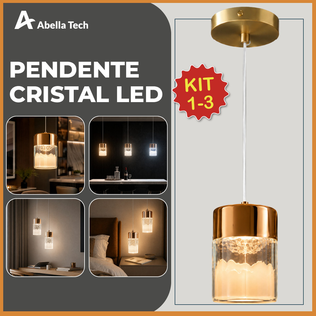 Kit 1/2/3 Luminária Pendente de Vidro Cristal LED Dourada Bivolt 3 Tons de Luz Bivolt