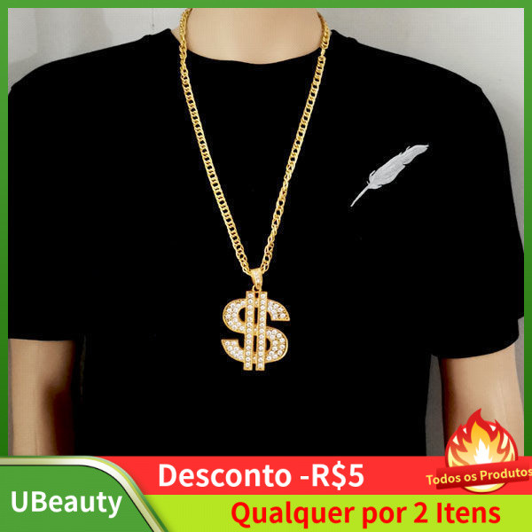 Colar Masculino de Diamante, Estilo Hip-Hop Exagerado, Colar com Símbolo de Dólar Imponente, Joia com Pingente Grande e