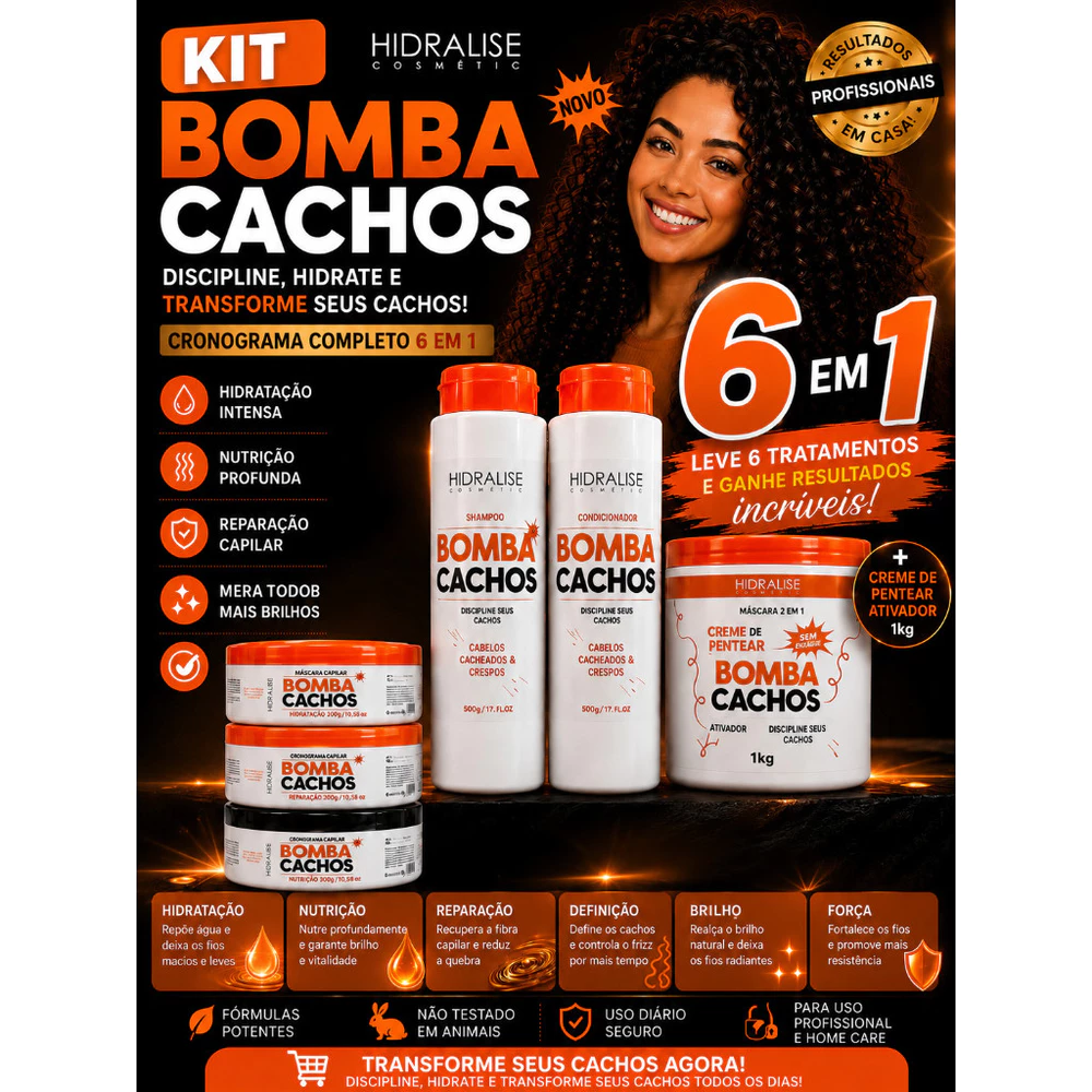 Kit Bomba Cachos 1kg + Cronograma + Shampoo + Condicionador 6 em 1 Hidralise Super Cachos