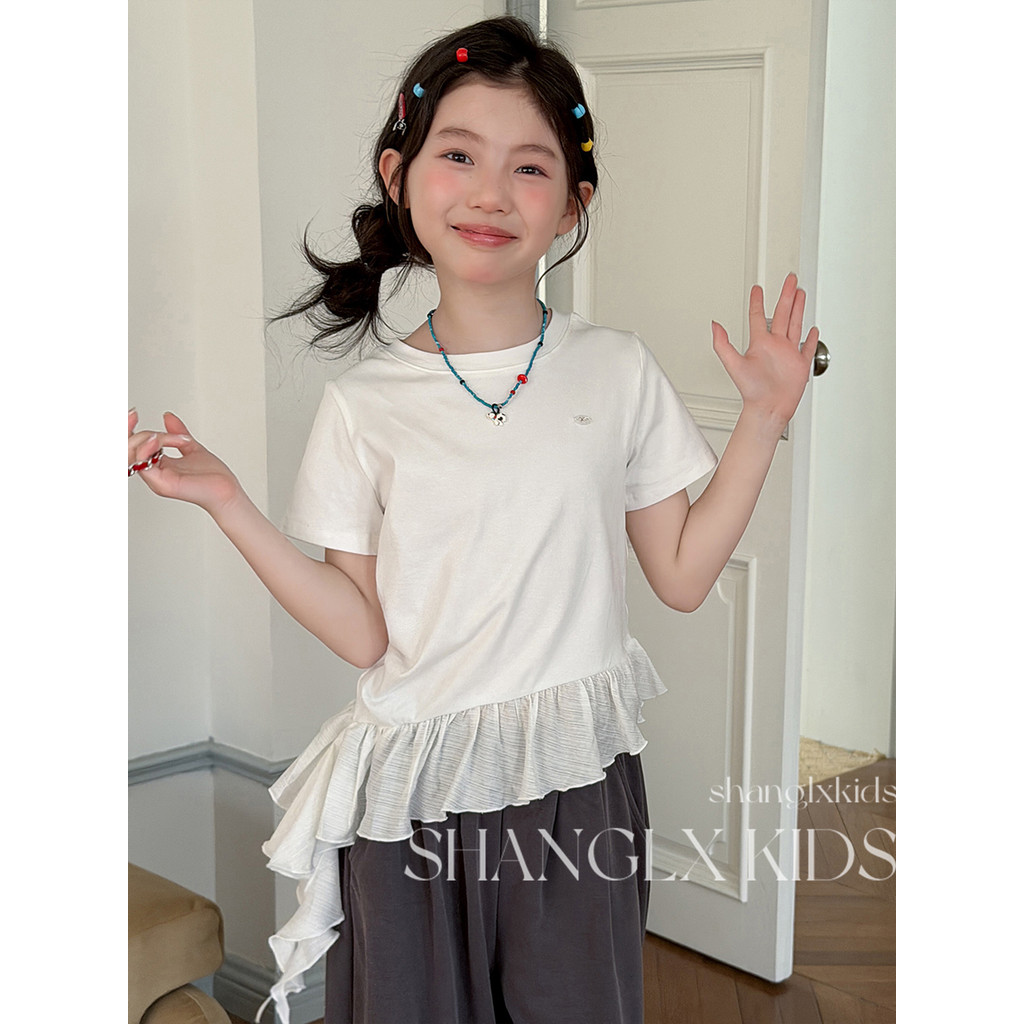 Manga curta meninas camiseta 2026 novo estilo crianças estilo coreano falso de duas peças topo meninas grandes crianças 