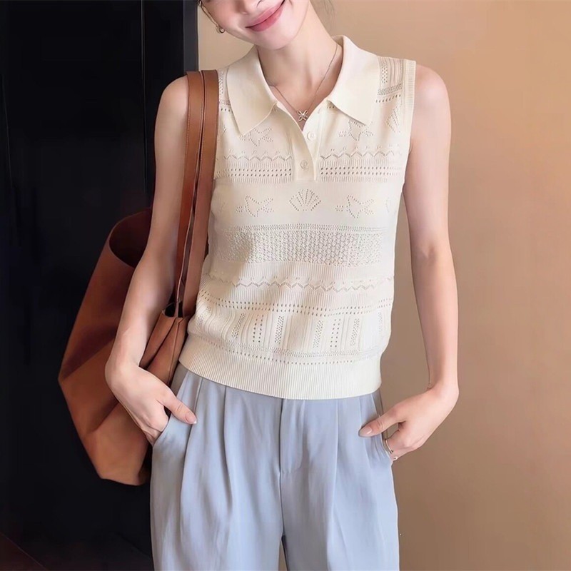 Camisola malhas gola polo francesa design sem mangas primavera verão mais magro olhar topo oco colete design sentido mal