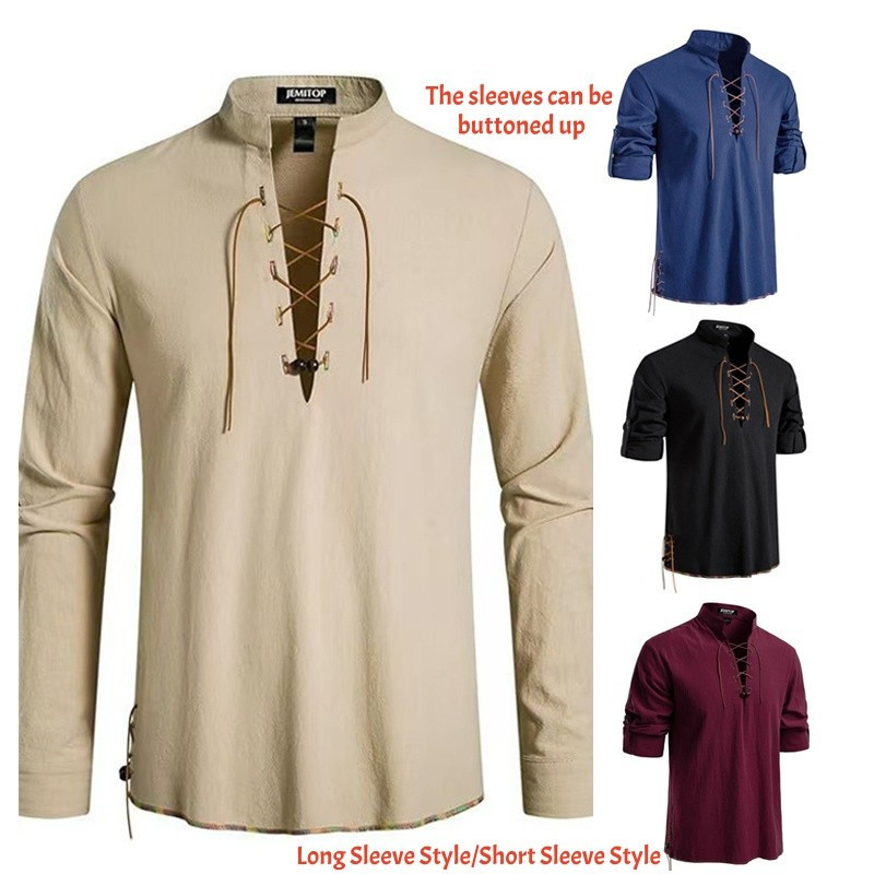 Camisa Pirata Medieval Masculina Runcati, Traje Viking da Renascença, Manga Longa com Cadarço, Estilo Retrô Steampunk D