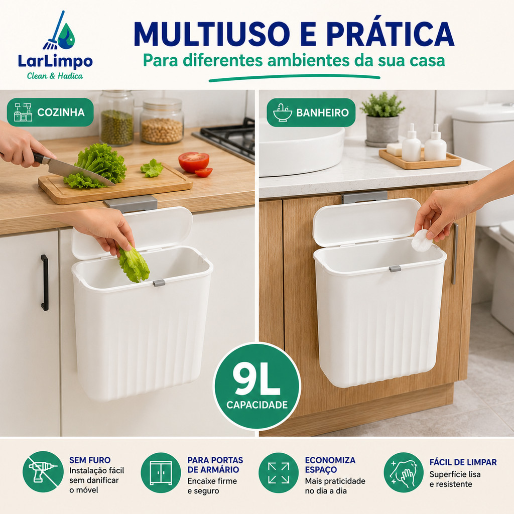 Lixeira Suspensa 9L com Tampa Deslizante | Lixeira de Cozinha Sem Furo para Porta de Armário, Banheiro e Pia