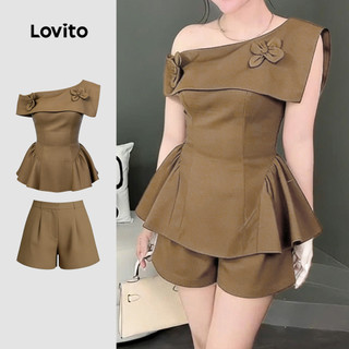 (New Arrival) Lovito Conjunto Casual de Primavera/verão Conjunto de Shorts Cáqui para Mulheres LK4ED842