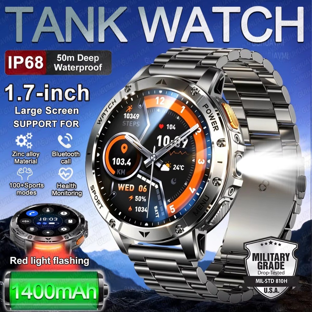 Tanque Novo Durável 1400mAh Bateria Militar Smartwatch IP68 1.7 " Tela Esportes Rastreador Oxigênio No Sangue Lanterna L