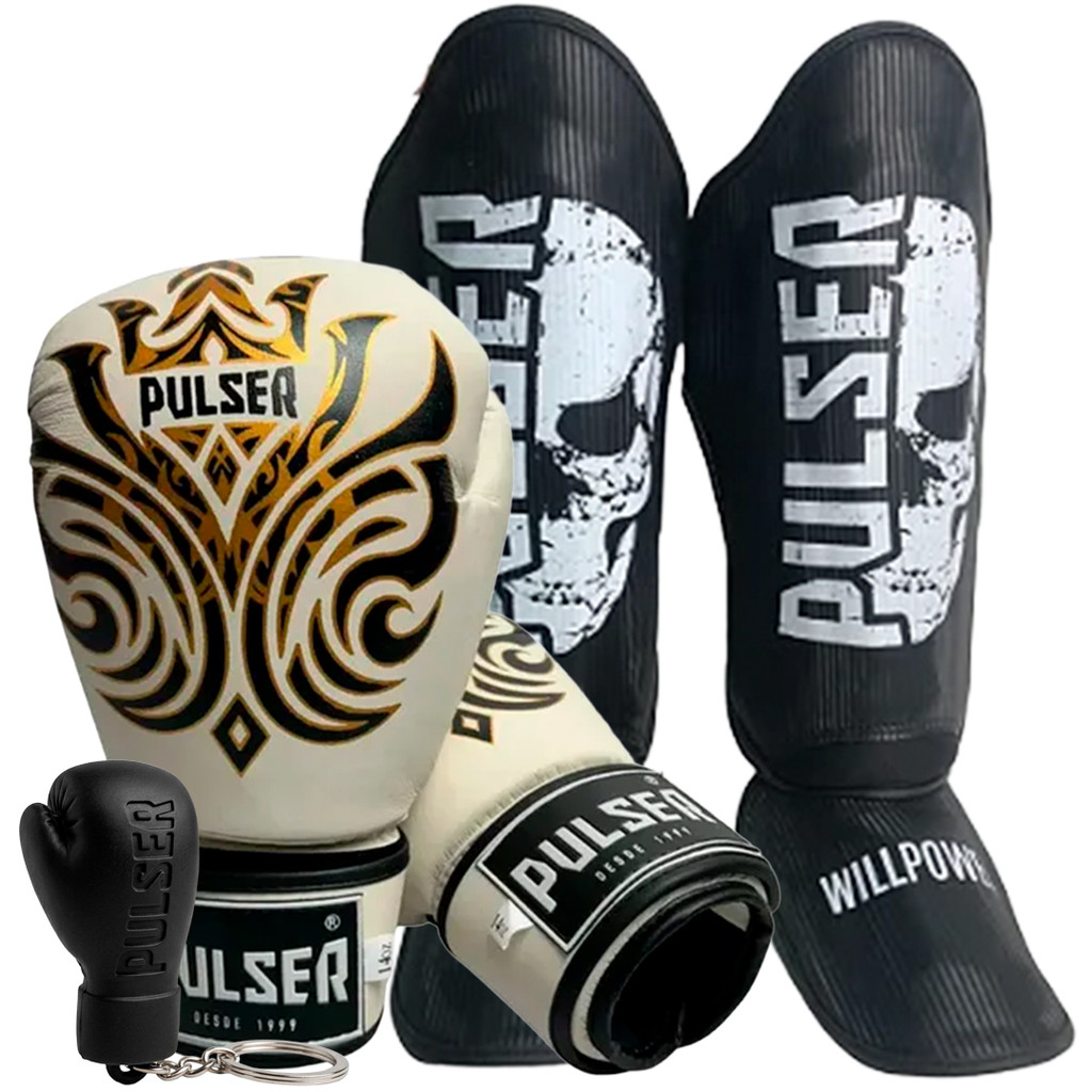 Kit Luva Boxe Pamy Gelo Pro 12oz Caneleira Caveira Tam M Chaveiro Preta Muay Thai Kickboxing Treino