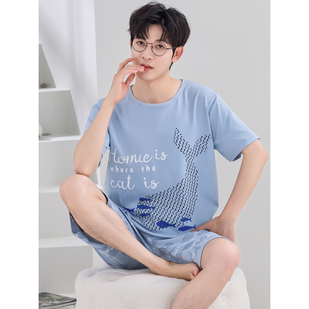 Pijamas masculinos verão puro algodão fino de manga curta solto tamanho grande adolescentes algodão masculino Homewear t