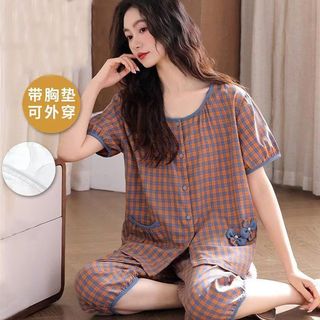 Pijamas femininos verão com almofadas no peito de uma peça Cardigan fino calças cortadas terno Loungewear meninas verão 