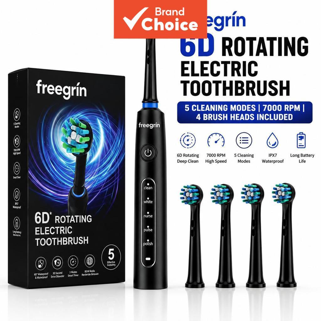 FREEGRIN Escova de Dentes Elétrica Rotativa 360° Carregamento Rápido Tipo-C Bateria de Lítio 600mAh 3H Suprimentos de