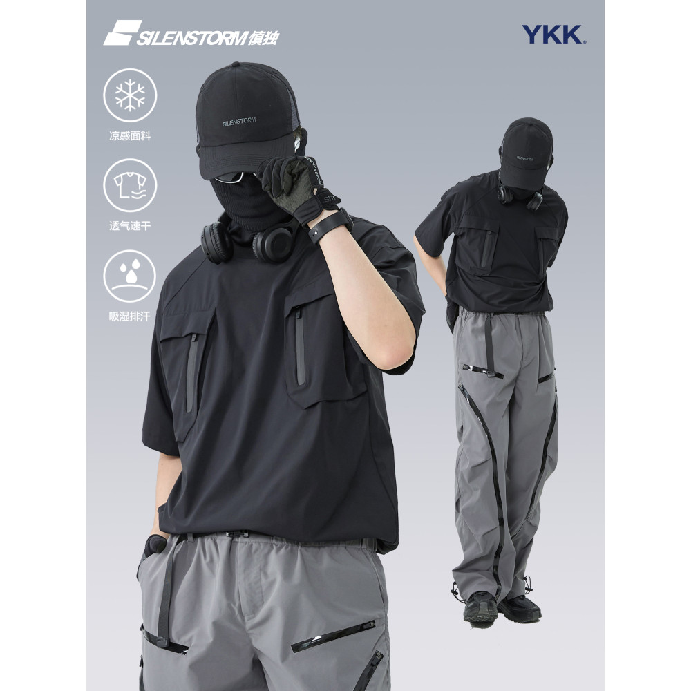 SENTNLTECH Pocket Cargo Top Funcional Costura de Vento Secagem Rápida Manga Curta Esportes ao Ar Livre Lazer Camiseta Re