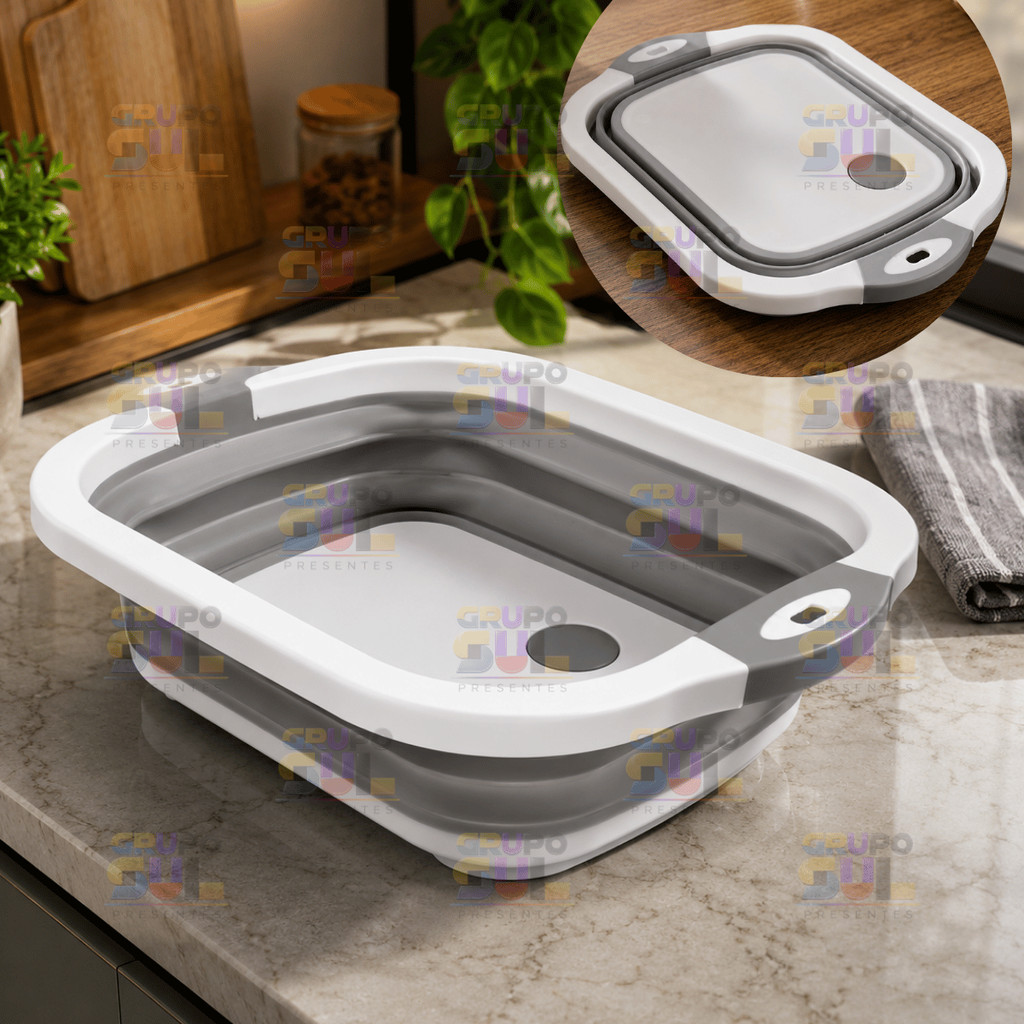 Bacia RETRATIL 2 em 1 Plastica Dobravel Escorredor VIRA TABUA Cozinha Pia Camping