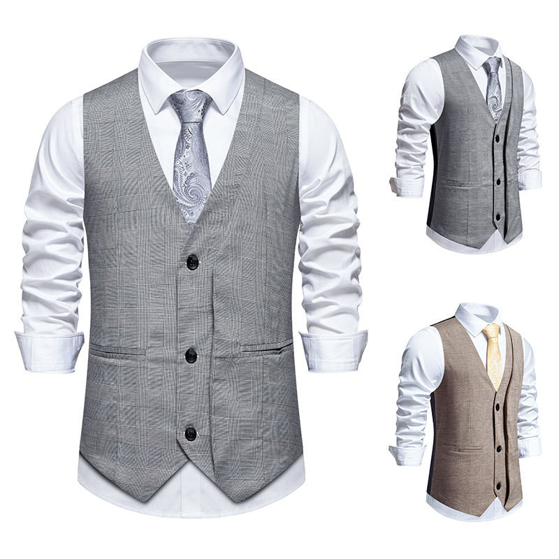 Colete Masculino Houndstooth Terno Retrô Com Decote Em V Casual