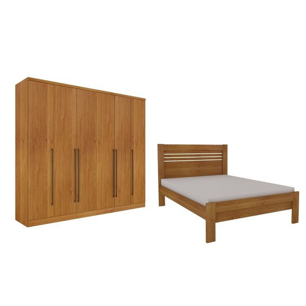 Quarto de Casal Guarda-Roupa 6 Portas Portugal e Cama Casal Safira Espresso Móveis Bege/Cinamomo Cinamomo