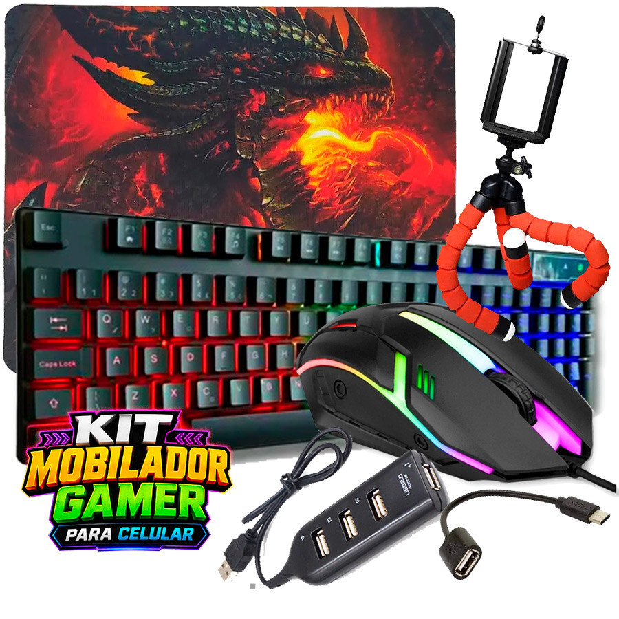 Kit Gamer Mobilador Completo para Celular Teclado Semi Mecânico e Mouse com LED RGB + Acessórios
