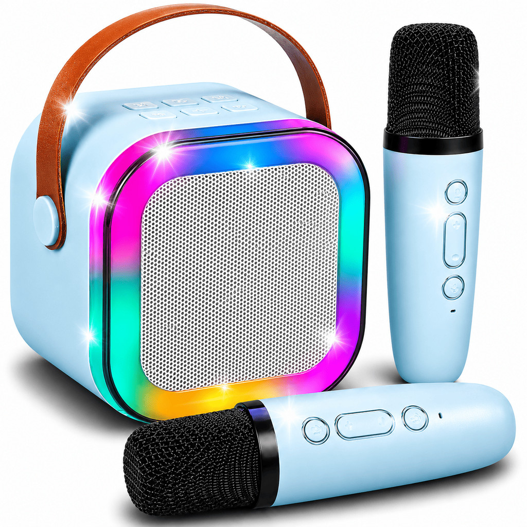 Caixa De Som Karaoke Com 2 Microfones Sem Fio Bluetooth Portatil Recarregavel Efeito De Voz Led