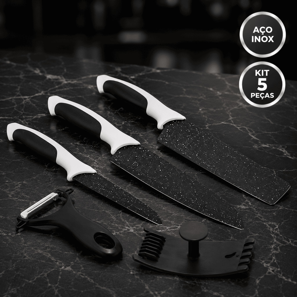 Kit 5 Peças de Cozinha Inox Preto Branco Facão Faca de Fruta Ralador Descascador