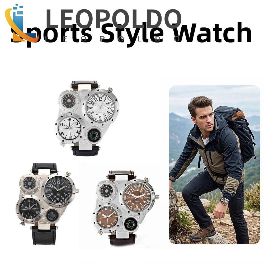 Relógios De Rosto Grande LEOPOLDO , Pulseira De Couro PU Com Relógio Duplo De Fuso Horário , Decoração De Bússola