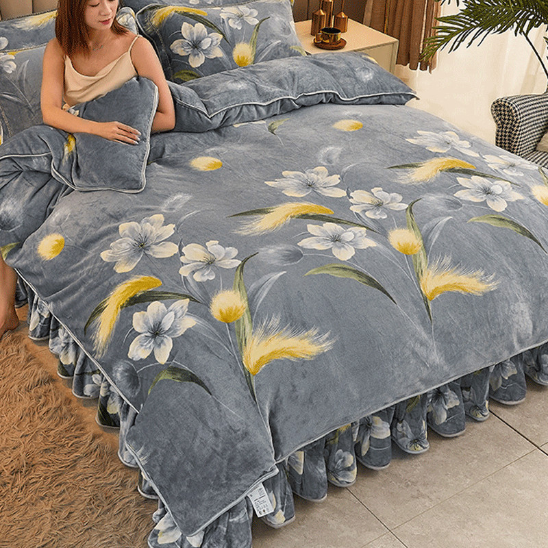 Novo estilo de lã de leite conjunto de quatro peças engrossado Coral velo flanela dupla face colcha capa inverno folha c