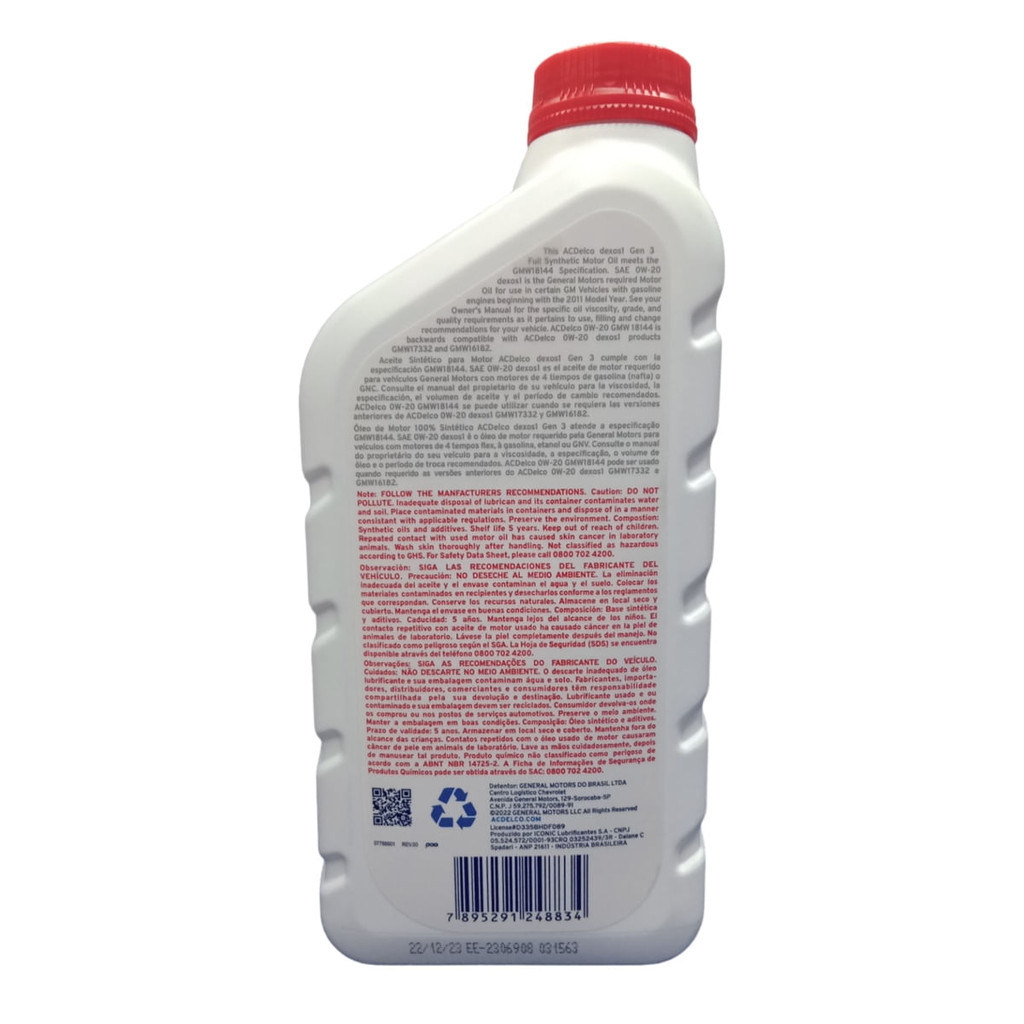 Detalhes do Óleo Lubrificante do Motor ACDelco SAE 0W20 Dexos 1 Gen 3 API SP 100% Sintético 1L