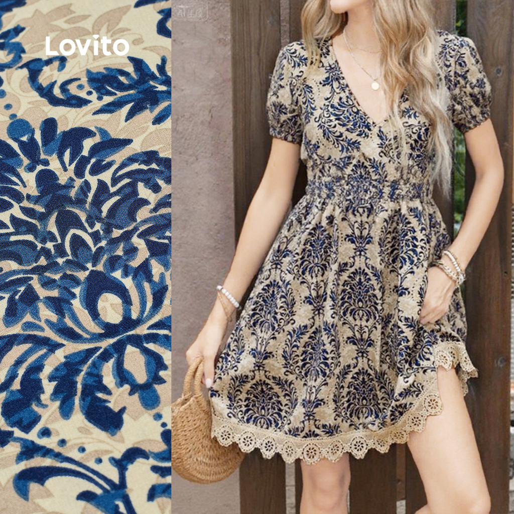 Costura de renda Paisley cintura estreita A-Hem Casual verão vestido feminino-DRB150P2D321 em Oferta na Shopee