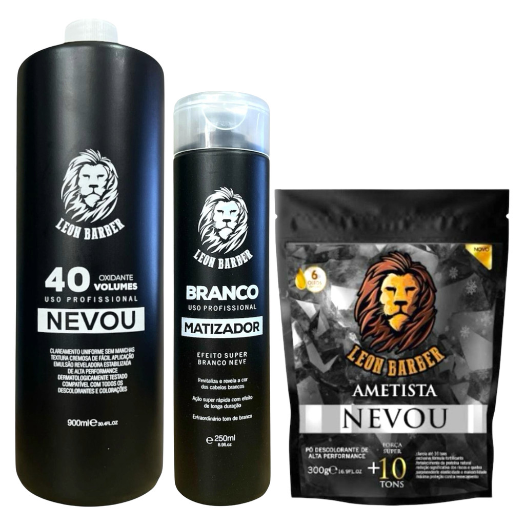 Kit Pó Descolorante Ametista 300g + Matizador Branco 250ml + Água Oxigenada 900ml (40 Volumes) – Leon Barber