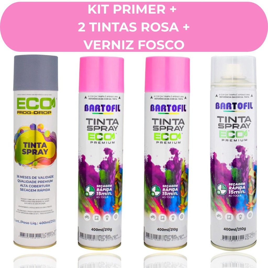 Kit Primer 2 Tintas Spray Rosa e Verniz Fosco Bartofil Uso Geral 400ml Secagem Rápida Madeira Metal MDF Ferro