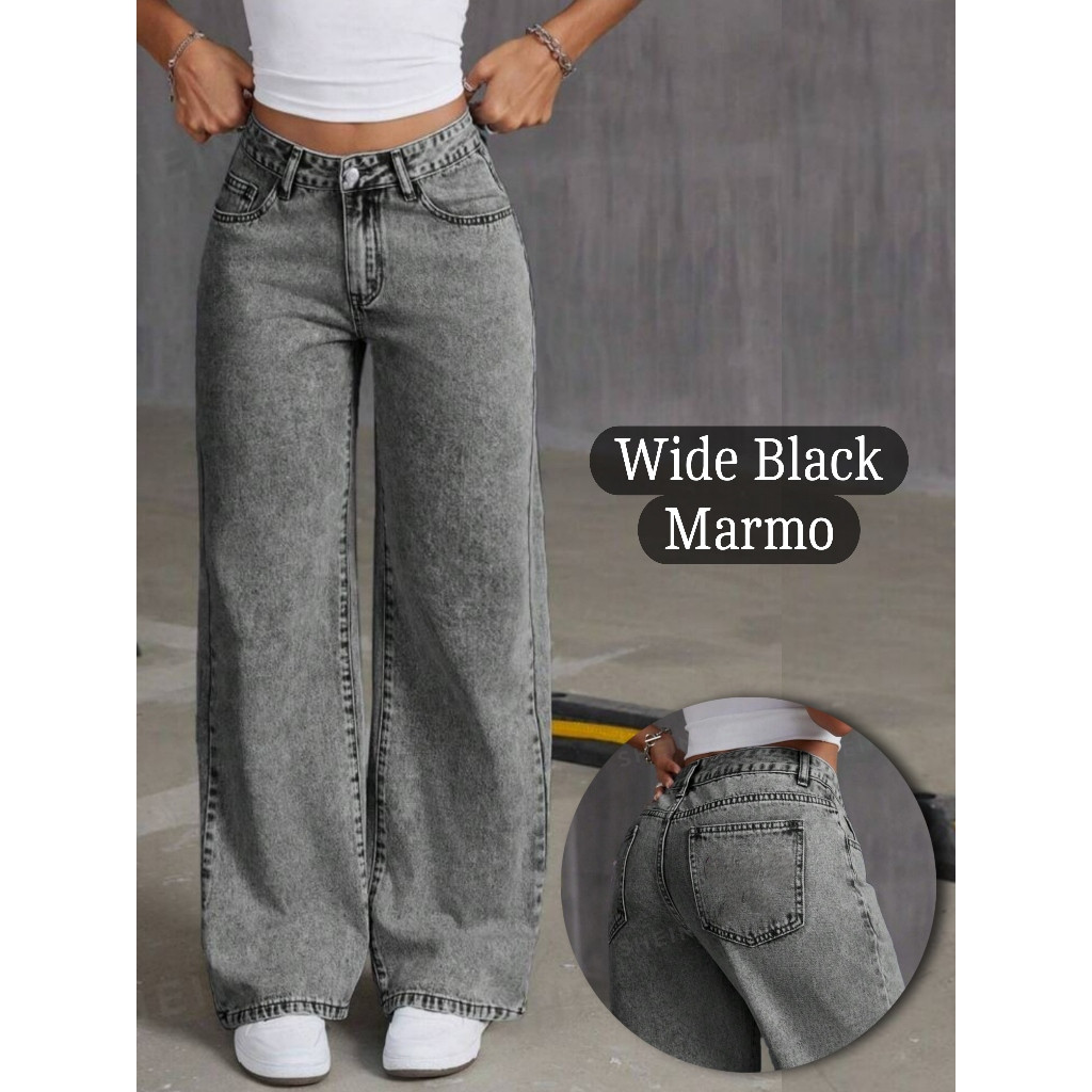 Calça Jeans feminina Wide Leg Marmorizada Pantalona boca larga - cintura alta premium aa
